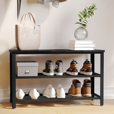 Flash Furniture Easton 3-Tier Wooden Entryway Bench, Metal Mesh Shoe Storage Shelves, Blackwash, Black Metal Frame HGWA-BCH-MTL-3T-BLKWSH-GG